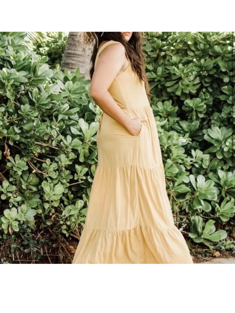 Lovestitch Moonstruck Sleeveless Tiered Maxi Dress in a mustard yellow linen L